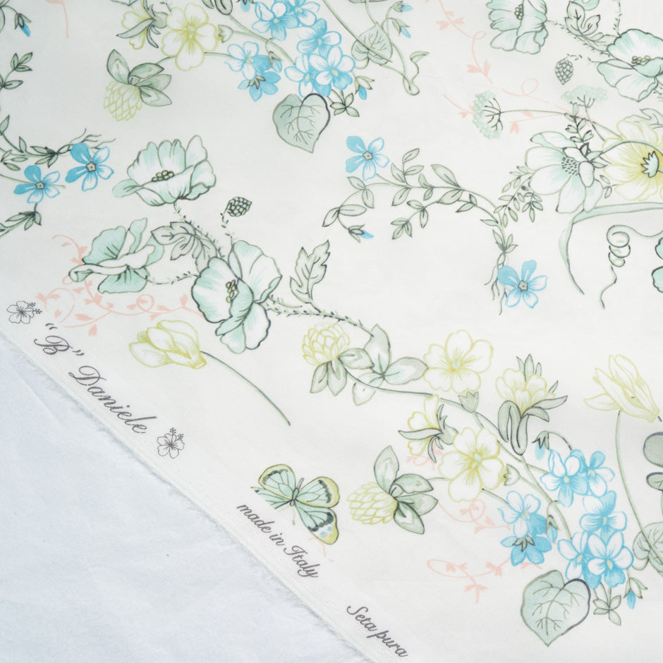 Green Floral & Butterfly Printed Ivory Silk Satin Organza