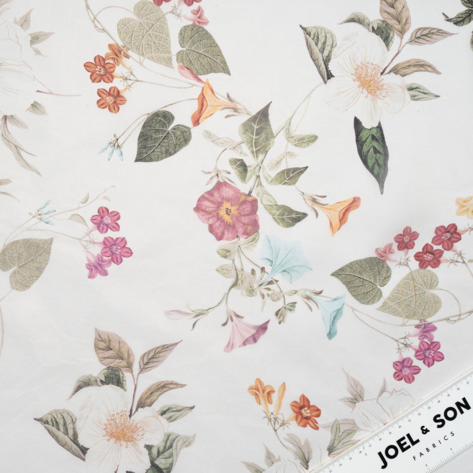 Pink & Orange Floral Printed Cream Silk Satin Organza