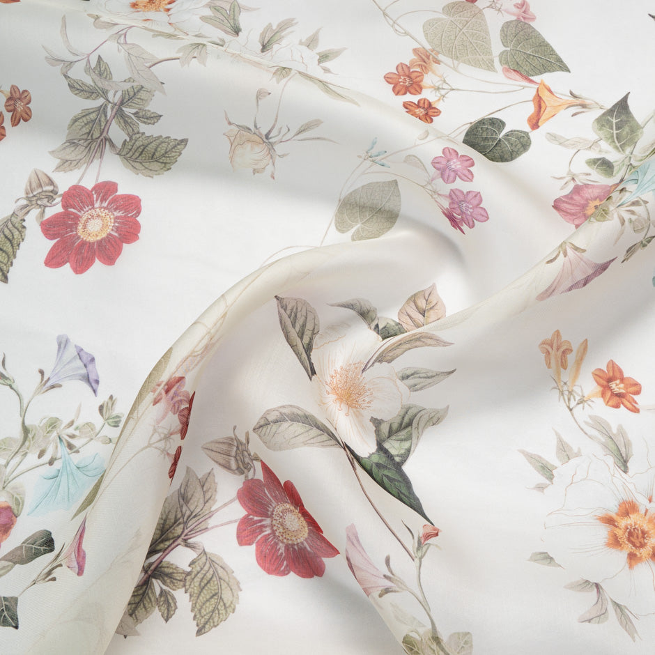Pink & Orange Floral Printed Cream Silk Satin Organza