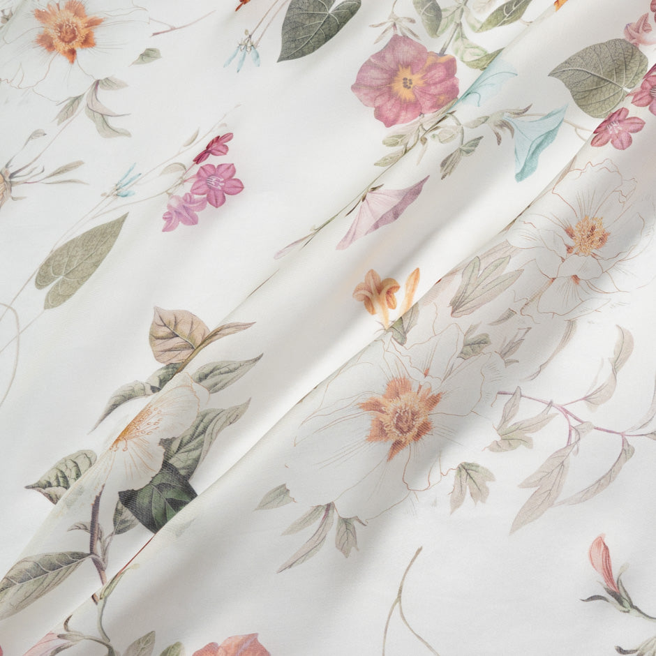 Pink & Orange Floral Printed Cream Silk Satin Organza