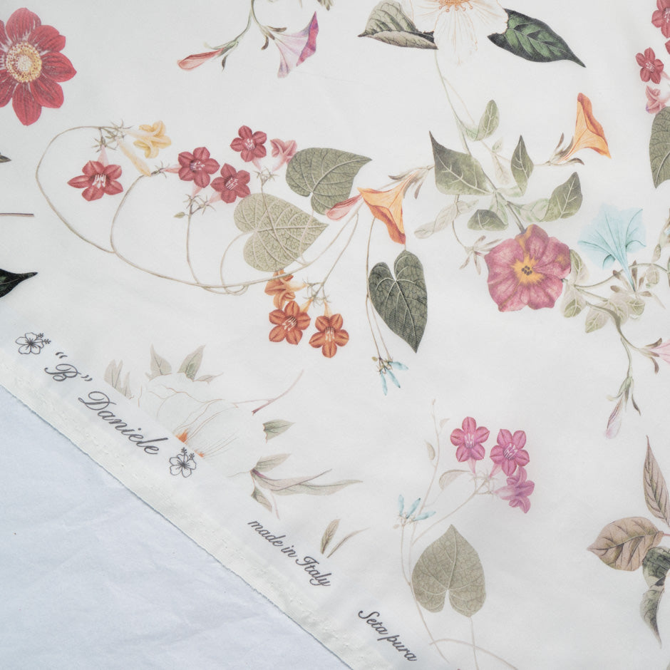 Pink & Orange Floral Printed Cream Silk Satin Organza