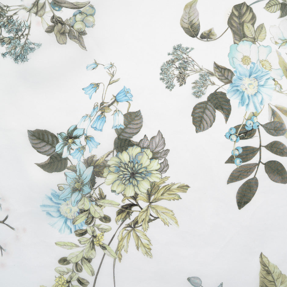 Blue & Green Floral Printed Ivory Silk Satin Organza