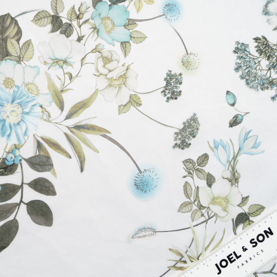 Blue & Green Floral Printed Ivory Silk Satin Organza