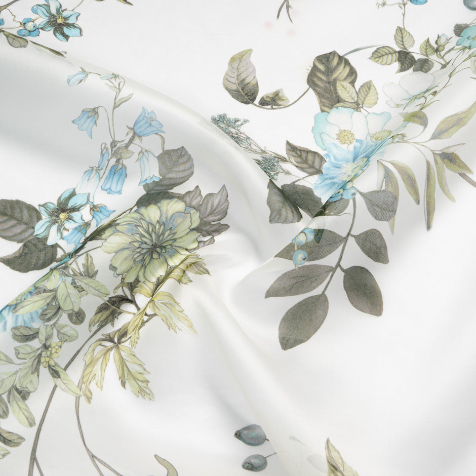 Blue & Green Floral Printed Ivory Silk Satin Organza