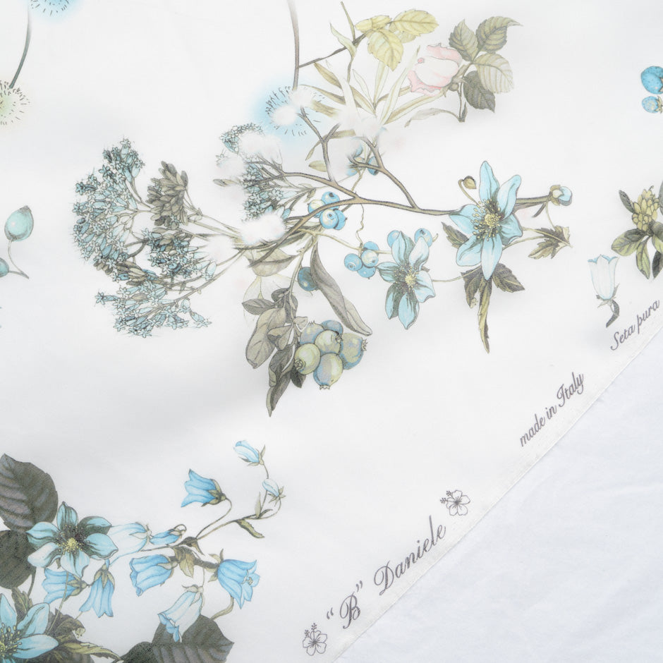 Blue & Green Floral Printed Ivory Silk Satin Organza