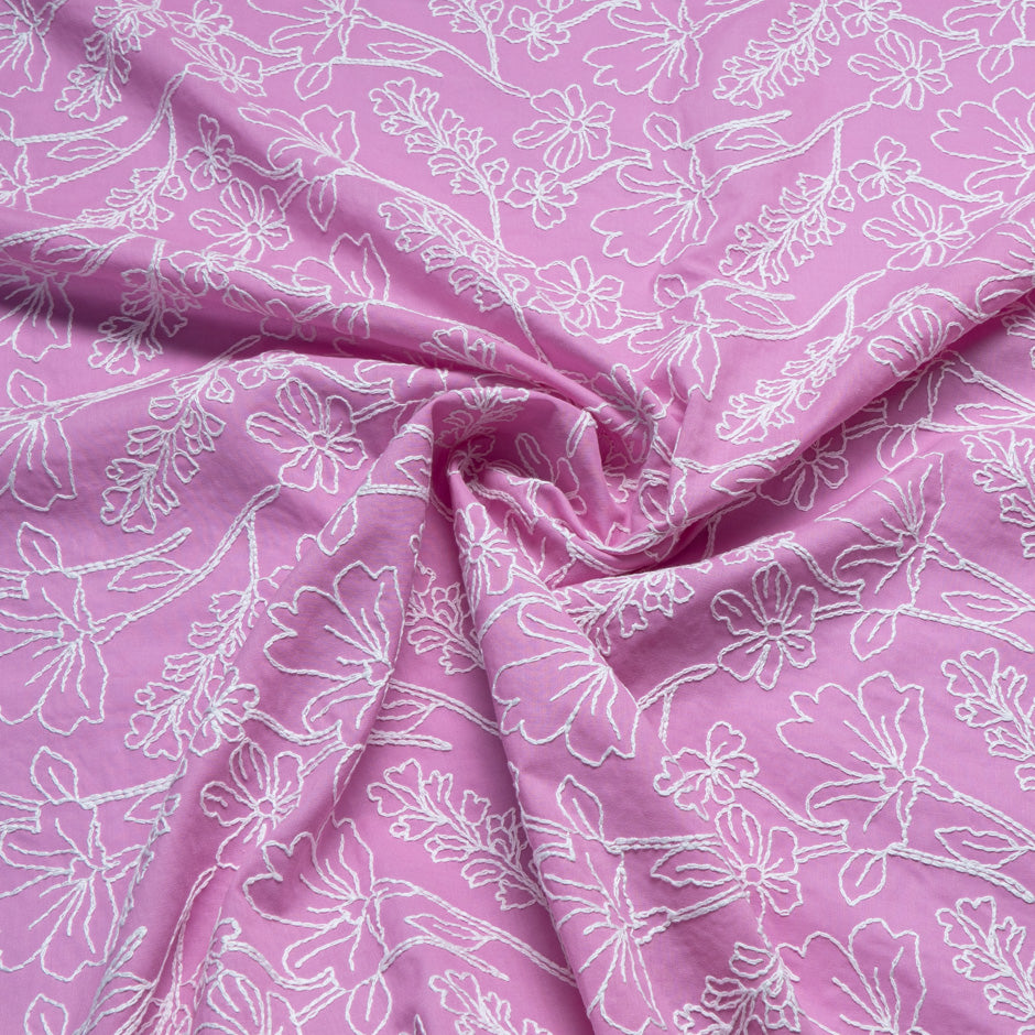 White Embroidered Floral Candy Pink Cotton