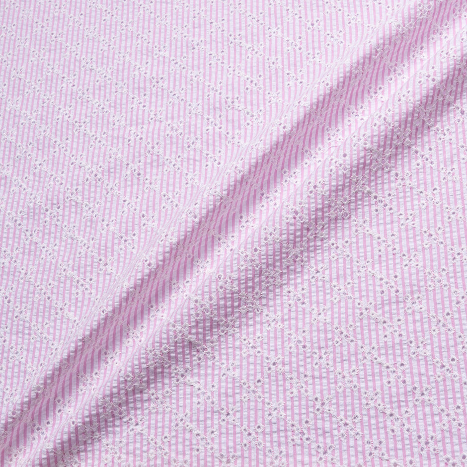 White Embroidered Candy Striped Cotton Blend