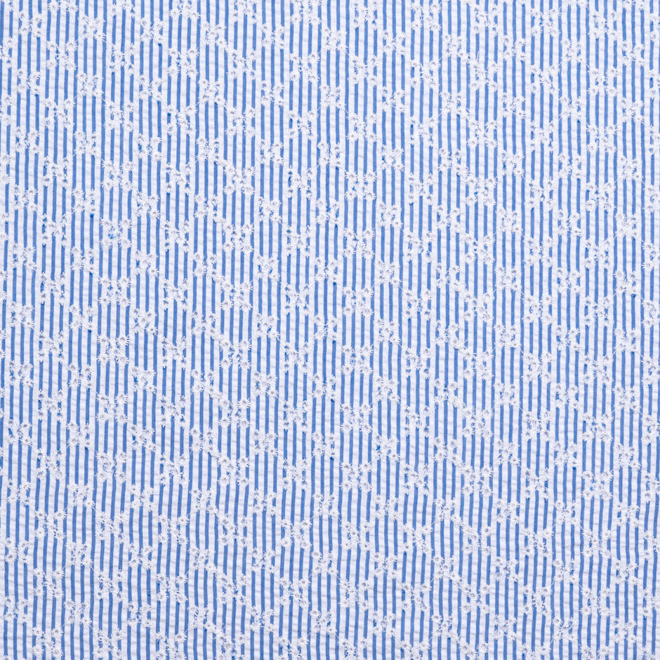 White Embroidered Blue Striped Cotton Blend