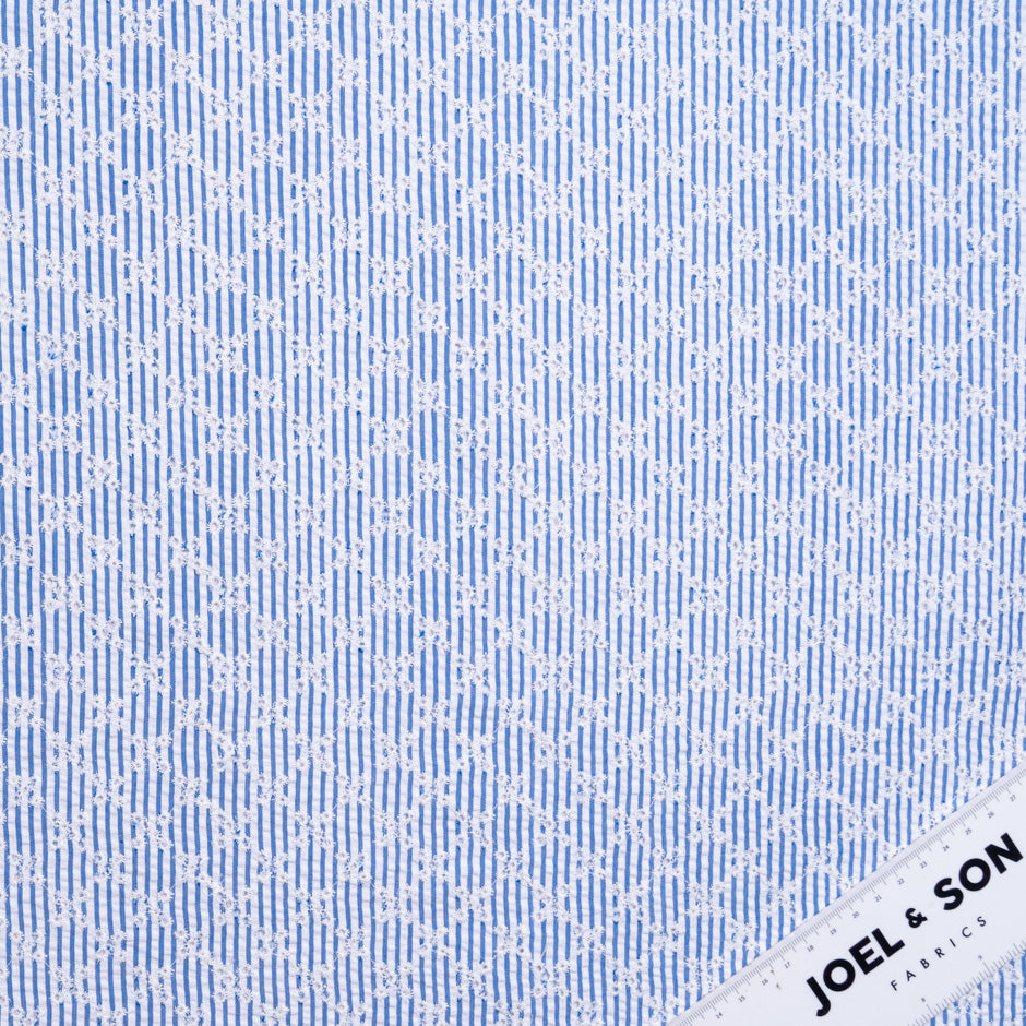 White Embroidered Blue Striped Cotton Blend