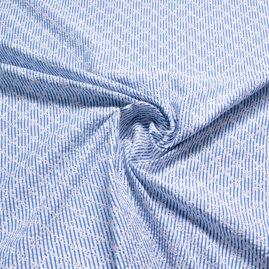 White Embroidered Blue Striped Cotton Blend