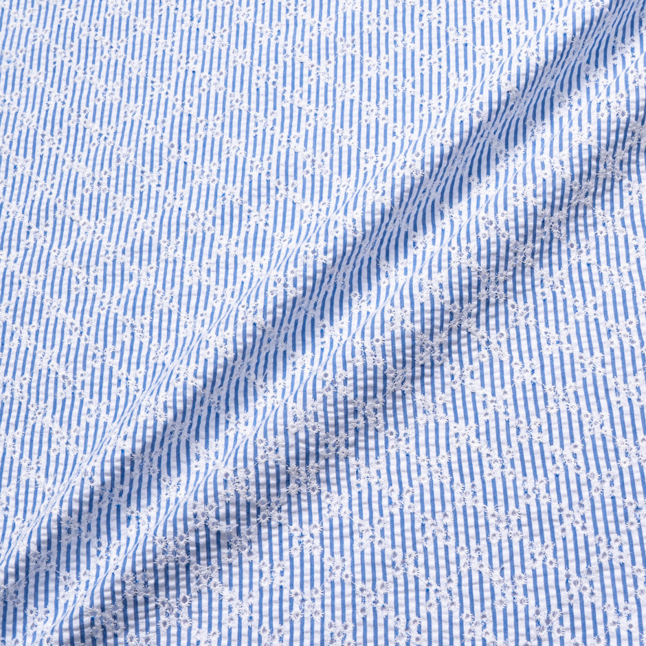 White Embroidered Blue Striped Cotton Blend