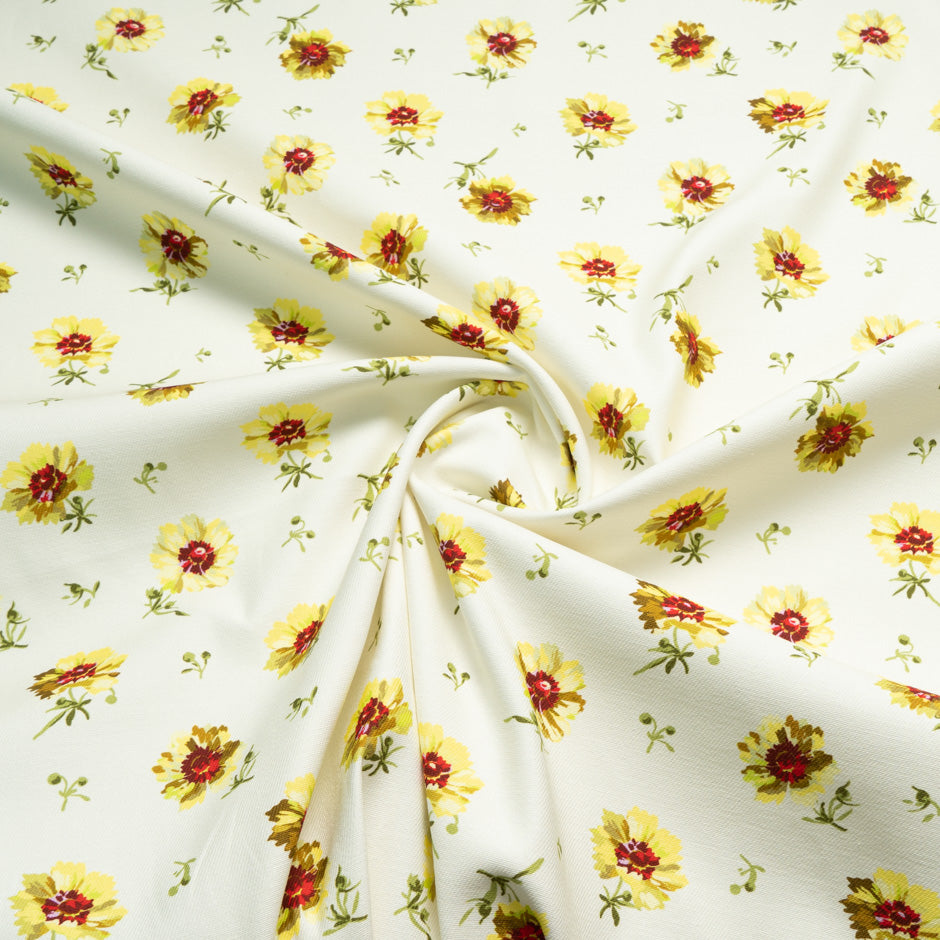 Floral Printed Ivory Stretch Cotton Drill