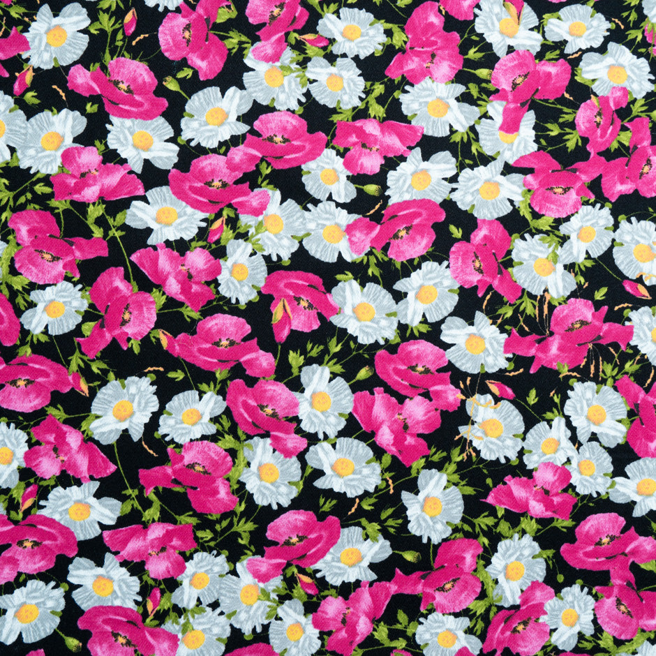 Fuchsia Floral Printed Black Cotton Drill