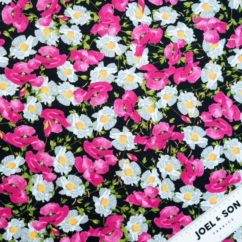 Fuchsia Floral Printed Black Cotton Drill