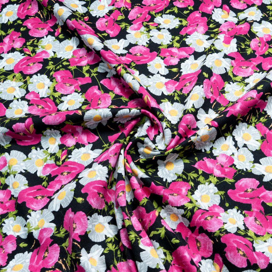 Fuchsia Floral Printed Black Cotton Drill