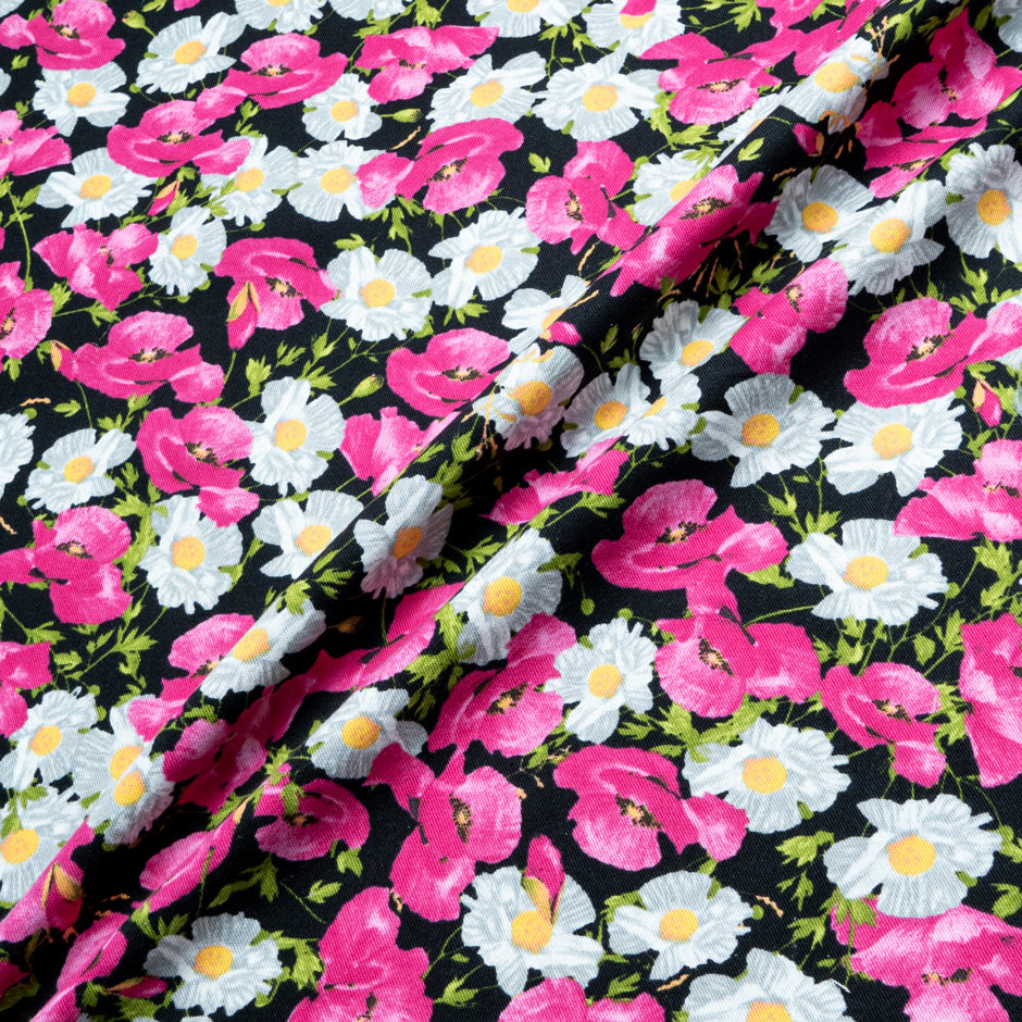 Fuchsia Floral Printed Black Cotton Drill