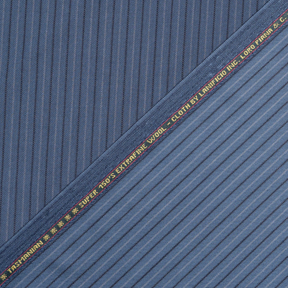 Black Pinstriped Blue Super 150s Wool Suiting
