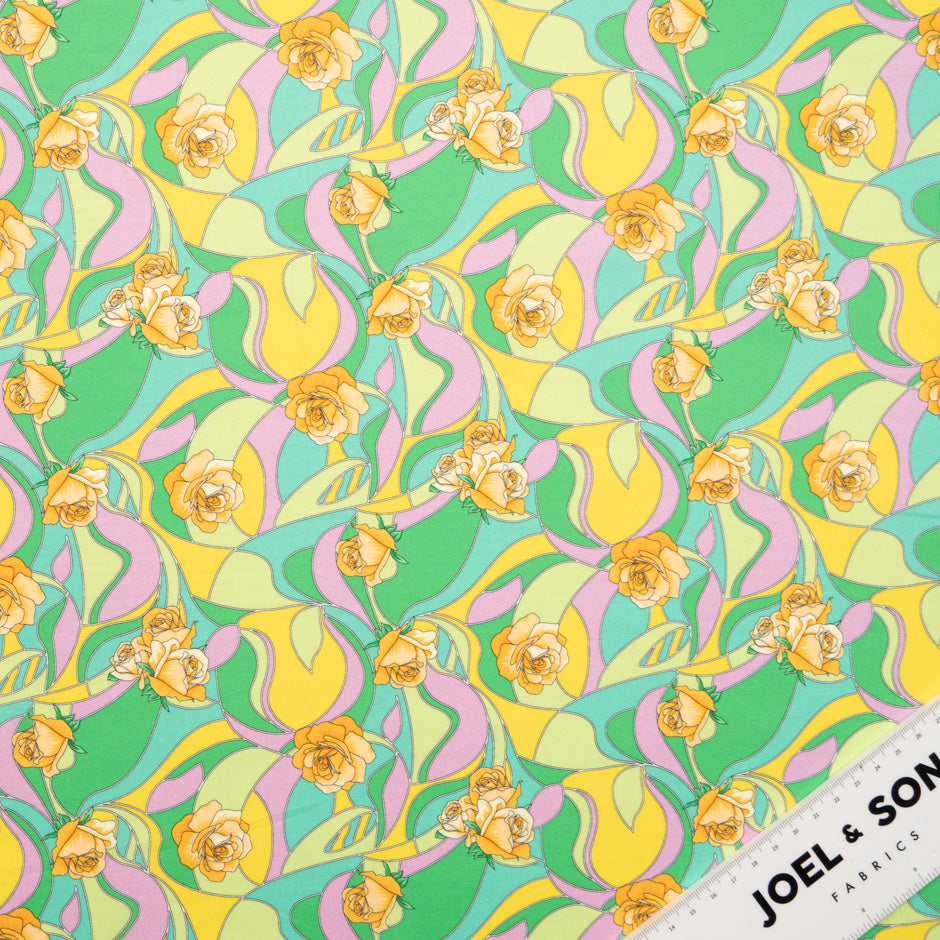 Retro Rose Geometric Printed Green Pure Cotton