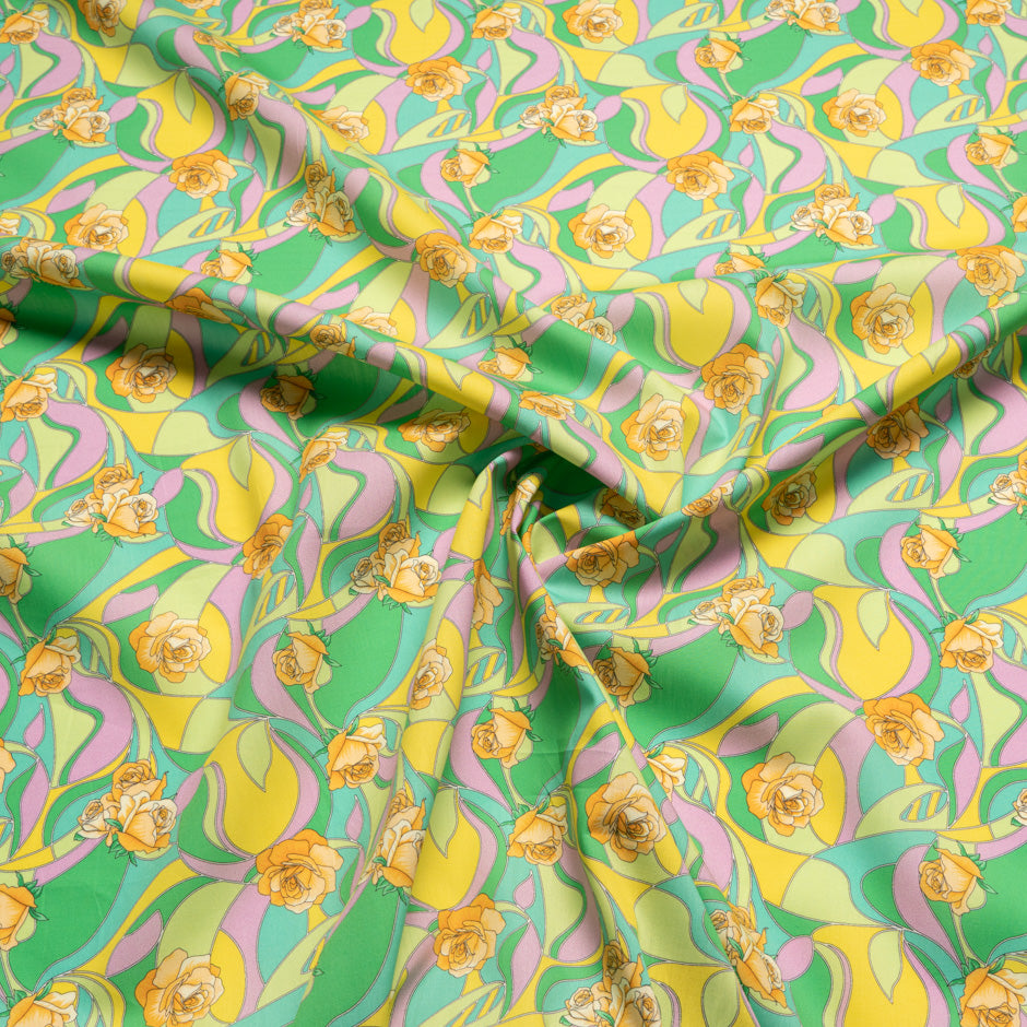 Retro Rose Geometric Printed Green Pure Cotton