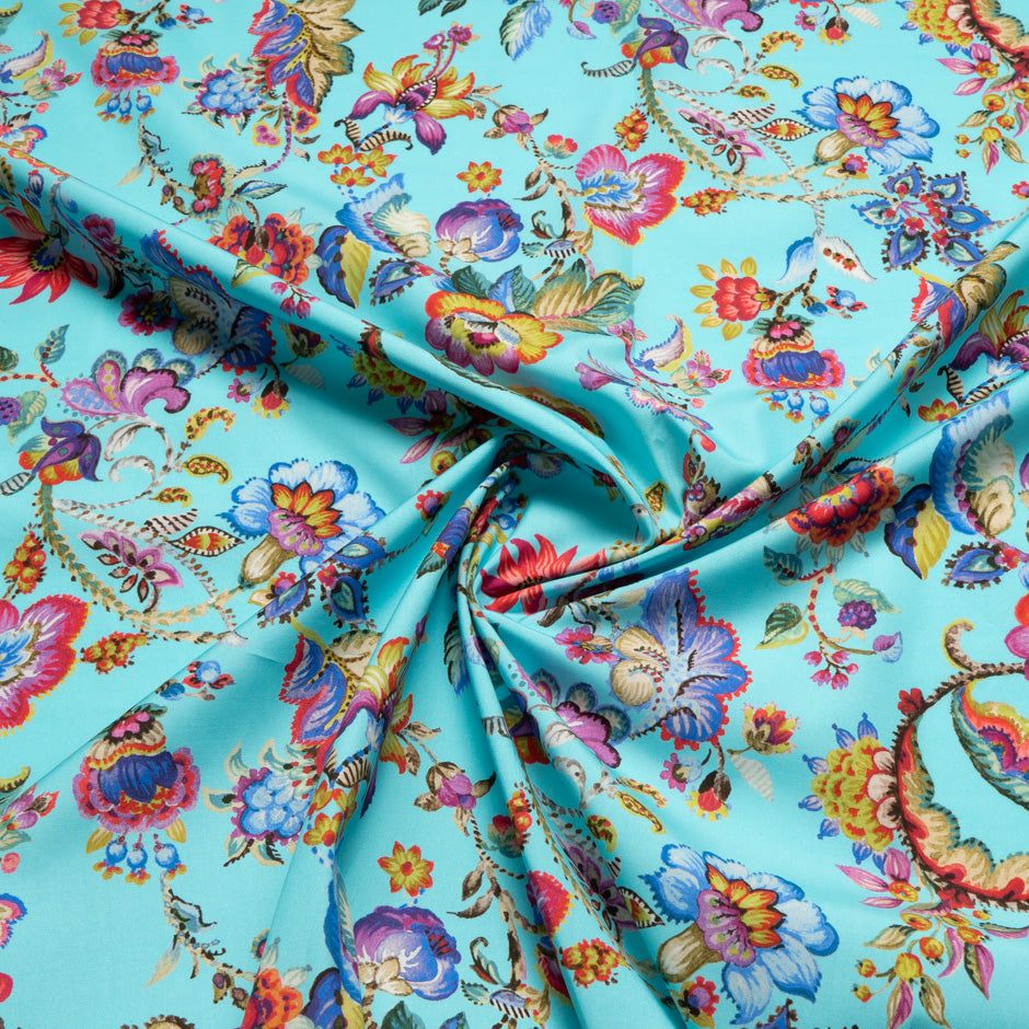 Multi-Coloured Floral Printed Blue Luxury Cotton
