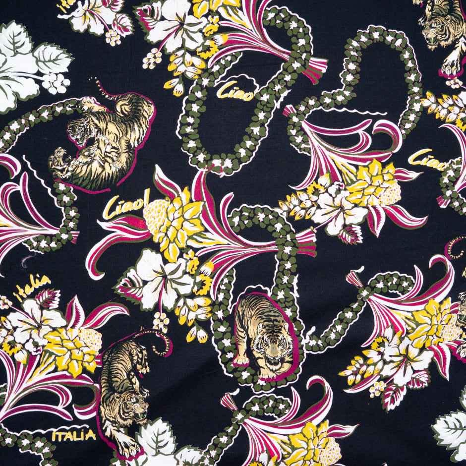 Tiger & Floral Printed Blue Black Pure Cotton Fabric