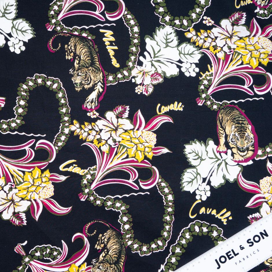 Tiger & Floral Printed Blue Black Pure Cotton Fabric