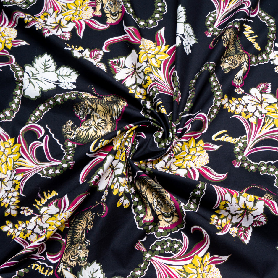 Tiger & Floral Printed Blue Black Pure Cotton Fabric