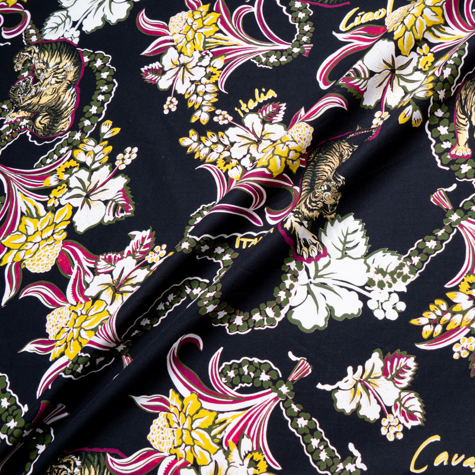 Tiger & Floral Printed Blue Black Pure Cotton Fabric