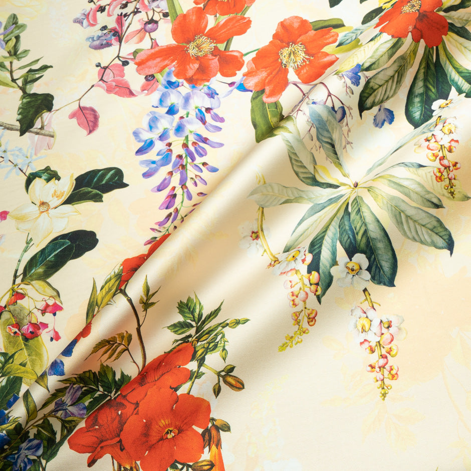 Pretty Floral Printed Cream Silk Blend Mikado