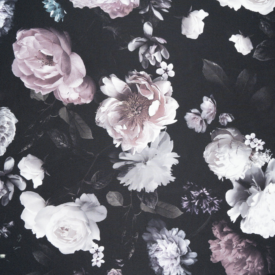 Floral Printed Black Silk Grosgrain Faille