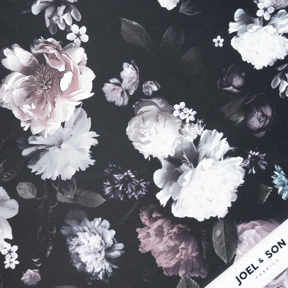 Floral Printed Black Silk Grosgrain Faille