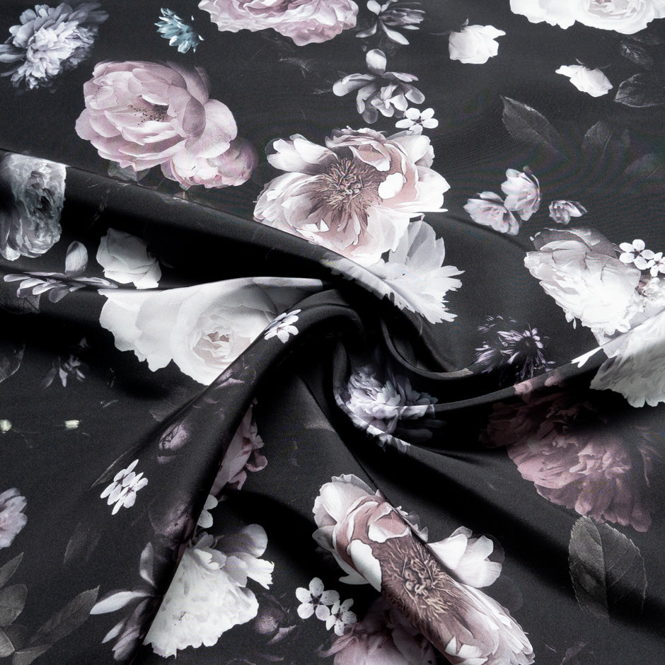 Floral Printed Black Silk Grosgrain Faille
