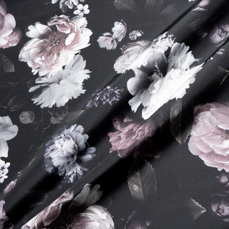 Floral Printed Black Silk Grosgrain Faille