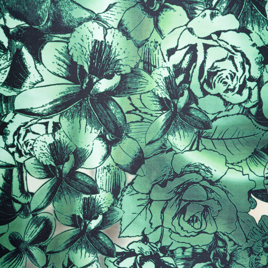 Green Floral Printed Champagne Silk Zibeline