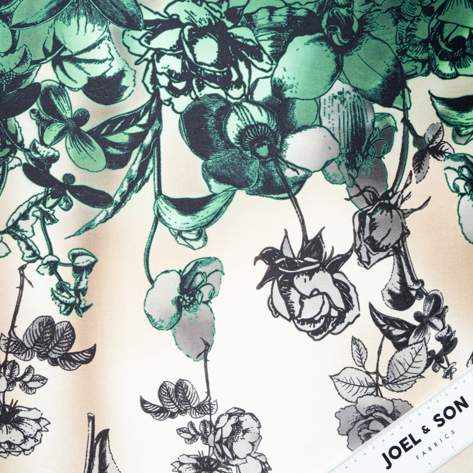 Green Floral Printed Champagne Silk Zibeline