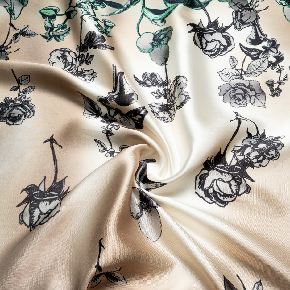 Green Floral Printed Champagne Silk Zibeline