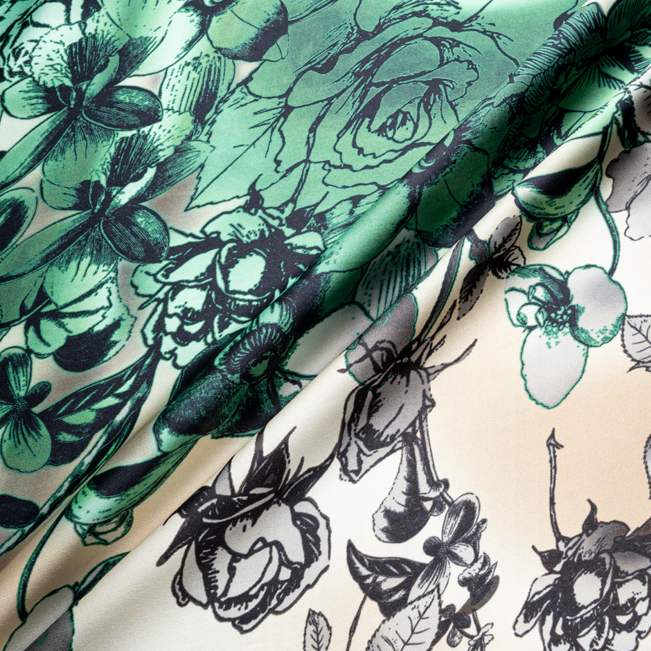 Green Floral Printed Champagne Silk Zibeline