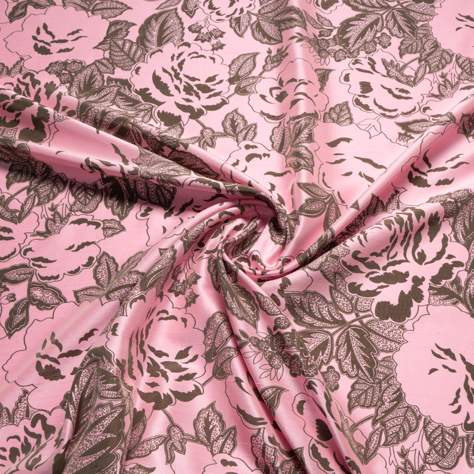 Brown Floral Baby Pink Silk Twill Blend