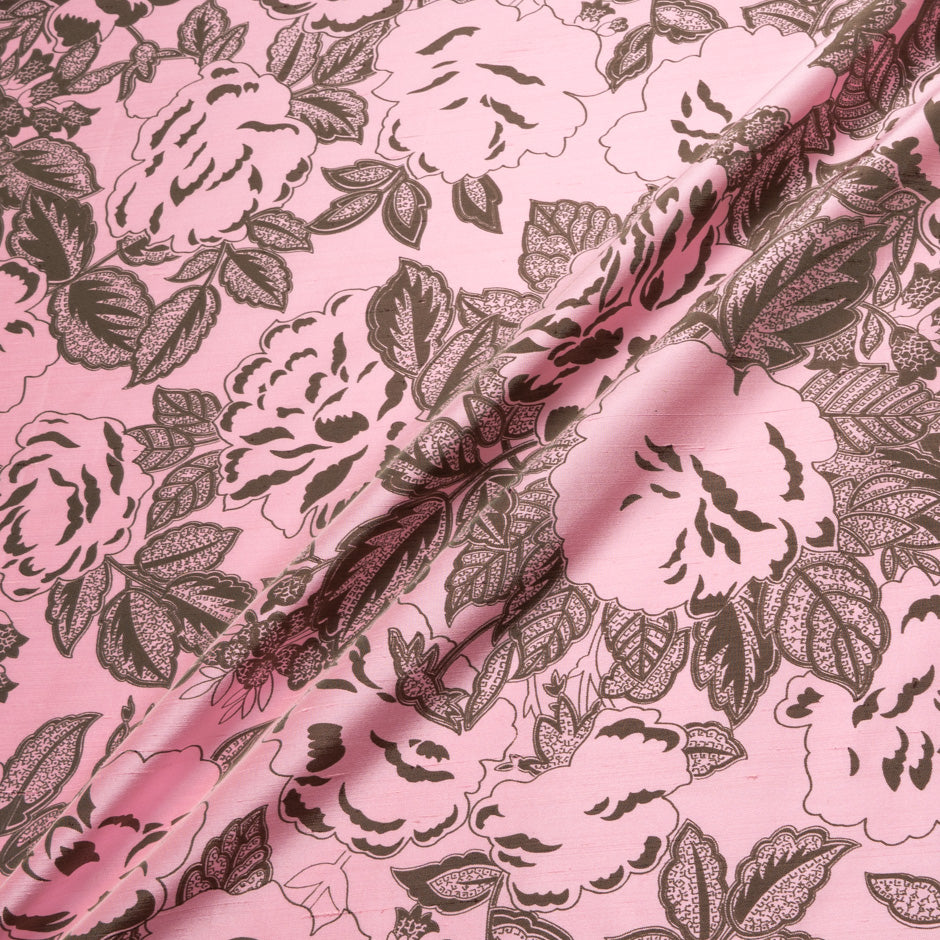Brown Floral Baby Pink Silk Twill Blend