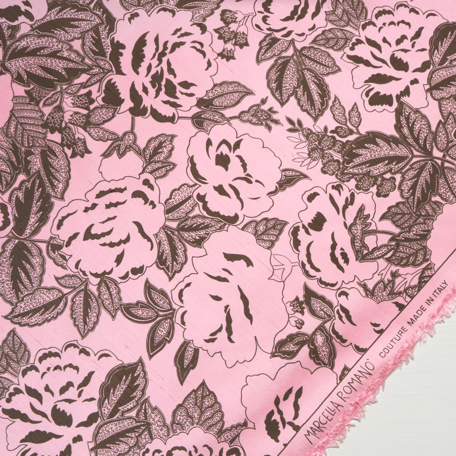 Brown Floral Baby Pink Silk Twill Blend