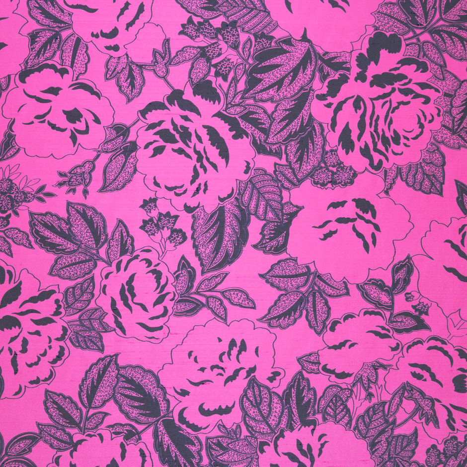Brown Floral Bright Pink Silk Twill Blend