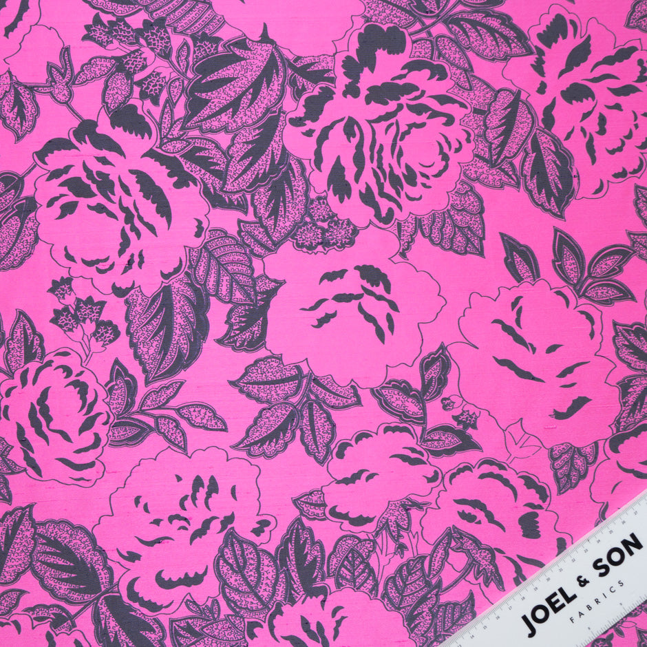 Brown Floral Bright Pink Silk Twill Blend