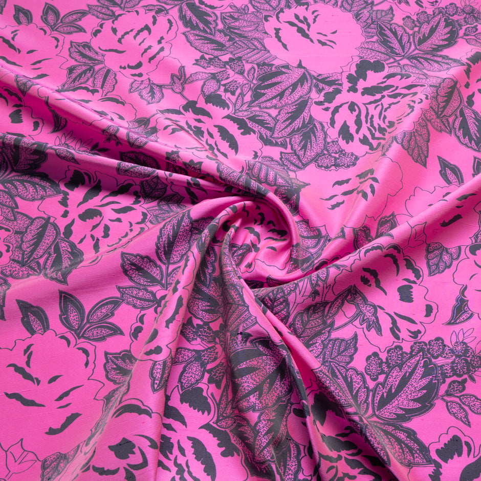 Brown Floral Bright Pink Silk Twill Blend