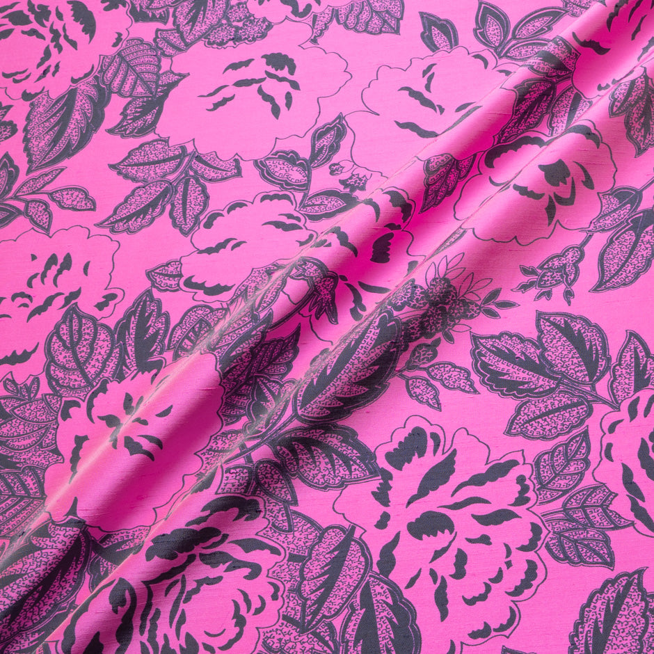 Brown Floral Bright Pink Silk Twill Blend