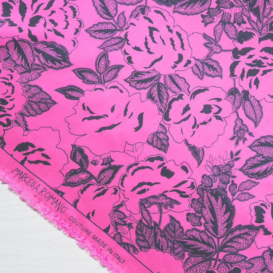 Brown Floral Bright Pink Silk Twill Blend