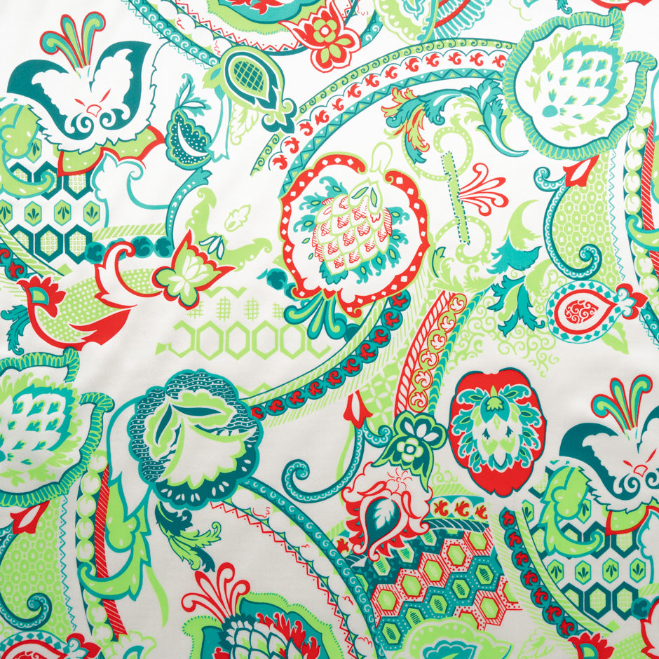 Red & Green Floral Printed Silk Duchess Satin