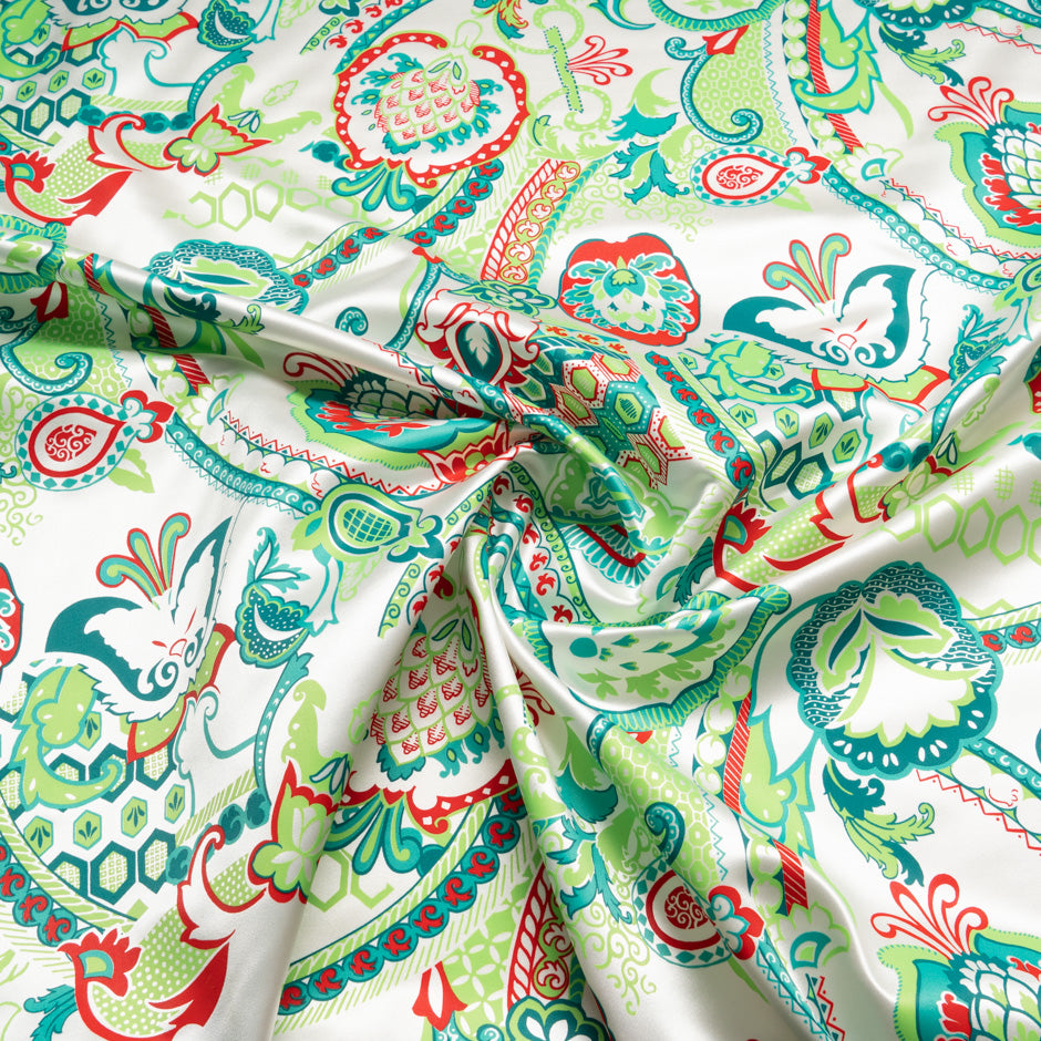 Red & Green Floral Printed Silk Duchess Satin