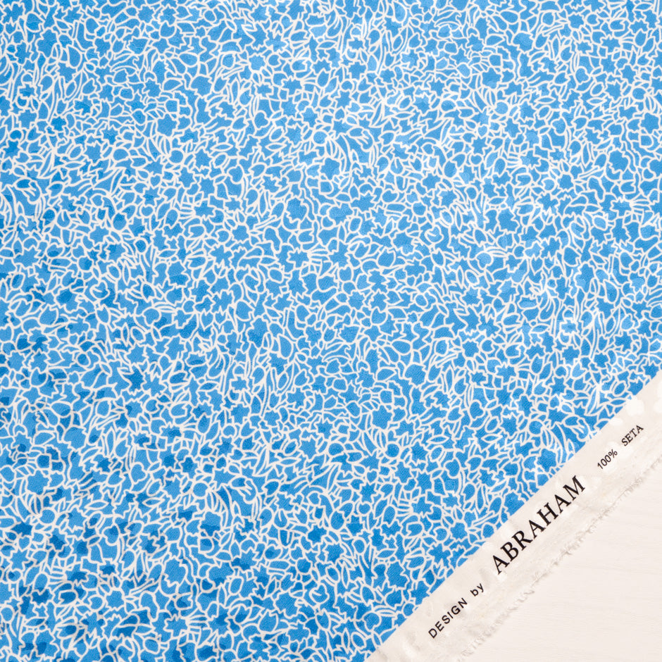 White Abstract Printed Rich Blue Silk Jacquard