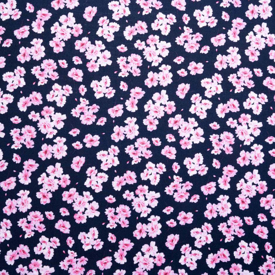 Pink Floral Printed Blue Pure Wool Challis