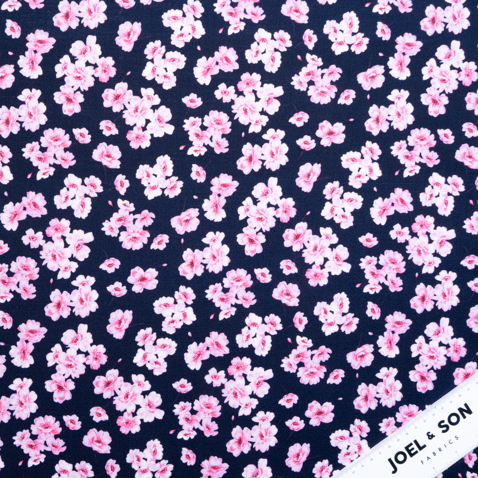 Pink Floral Printed Blue Pure Wool Challis